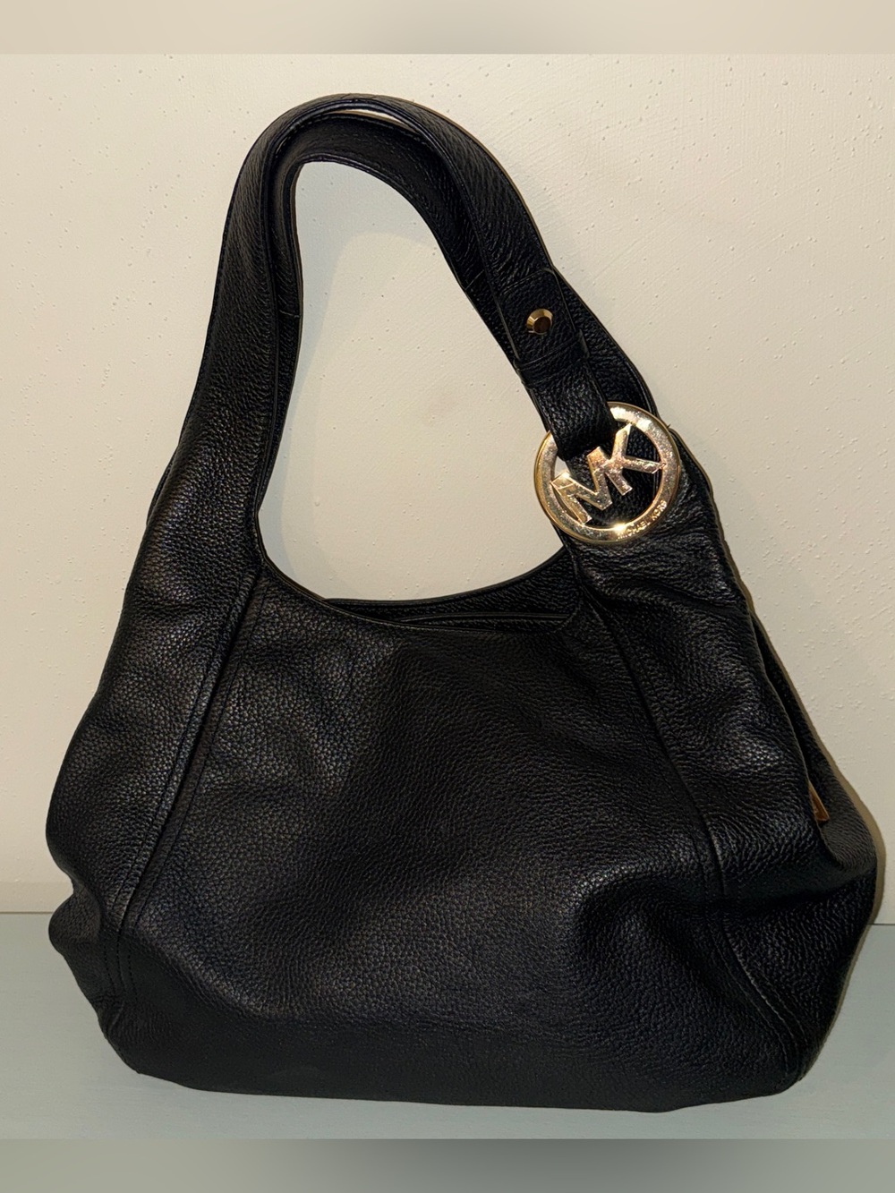 Michael Kors Black Pebbled Leather Hobo Shoulder Bag with Gold MK Logo